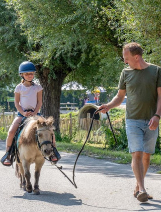 A man leads a small pony with a child riding, walking along a tree-lined path at a holiday park.