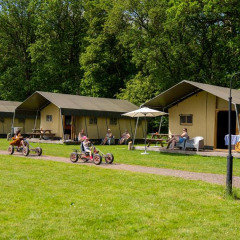Niños juegan en karts frente a tiendas glamping en FarmCamps De Geele Bosch, un parque vacacional en Frisia, Países Bajos.