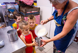 Kinder helfen einem Erwachsenen bei der Eisherstellung auf FarmCamps De Geele Bosch in Friesland, Niederlande.