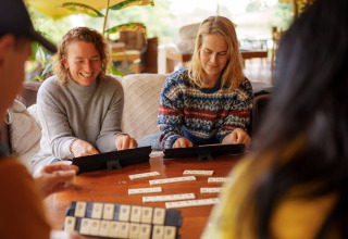 Vier Freunde spielen ein Brettspiel und lachen zusammen in einem Zelt im Ferienpark RØSTIG Dorst.