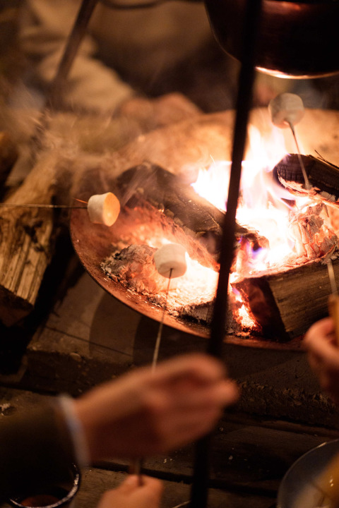 Des marshmallows grillés au feu de bois à RØSTIG Dorst, parc de vacances en Brabant du Nord, Pays-Bas.