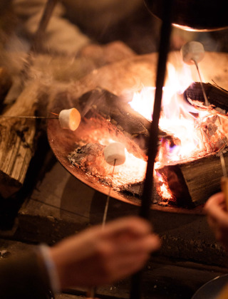 Des marshmallows grillés au feu de bois à RØSTIG Dorst, parc de vacances en Brabant du Nord, Pays-Bas.