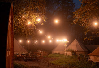 Zona de glamping al anochecer en RØSTIG Dorst, Países Bajos, con luces colgantes y tiendas de campaña.