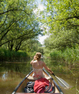 Frau rudert in einem Kanu durch üppiges grünes Gebiet bei Dorst, Nordbrabant, Niederlande im Sommer.