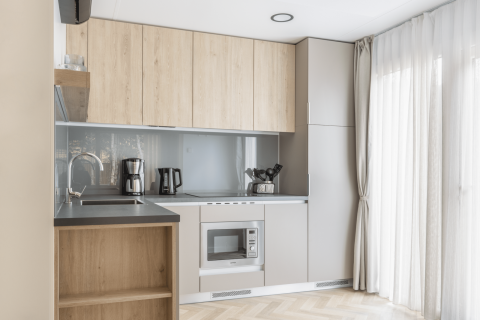 Modern kitchenette at Domus at Kohnenhof in Luxembourg with wooden cabinets, appliances, and large window.