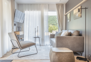 Salon lumineux et moderne à la Domus de Kohnenhof, Luxembourg, avec canapé, fauteuil et vue extérieure.