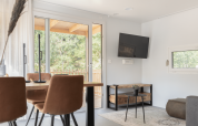 Bright living area in Silvanus lodge at Kohnenhof, Luxembourg, with dining table, TV, and forest view.