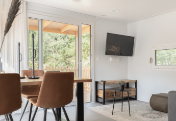 Sala luminosa en la cabaña Silvanus en Kohnenhof, Luxemburgo, con mesa de comedor, TV y vista al bosque.