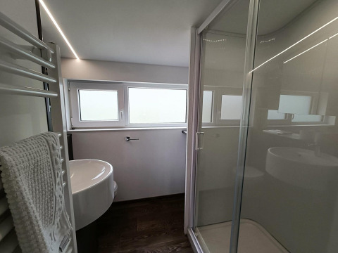 Moderne badkamer met glazen douche, wastafel en ramen bij Panorama Cottage, Gulperberg, Nederland.