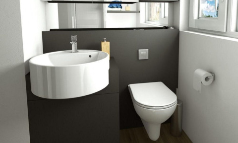 Baño moderno en Panorama Cottage, Gulperberg, Países Bajos, con lavabo, inodoro y ventana grande.