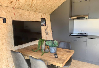 Moderne lodgeinteriør med spisebord, fire stole, fladskærms-tv, grå køkken og grønne planter.