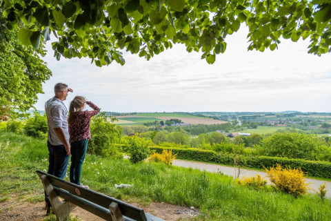 Un homme et une fille admirent la vue panoramique depuis un hébergement glamping sous des arbres verts.