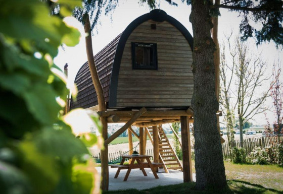 Une petite cabane perchée sur pilotis à Gulperberg, aux Pays-Bas, entourée de verdure et de nature.