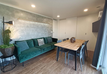 Sala de estar en Grandeur Chalet en Gulperberg, Países Bajos, con sofá verde, mesa y decoración moderna.