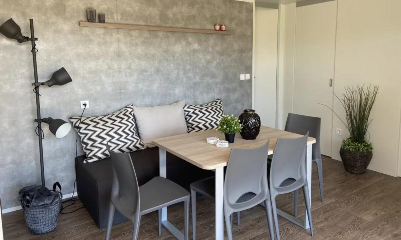 Moderne eethoek in Grandeur Chalet bij Gulperberg, Nederland, met grijze stoelen, houten tafel en planten.