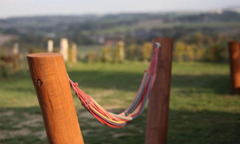 Postes de madera y hamaca en el césped verde de Woodlodge Gulperberg en los Países Bajos, fondo borroso.