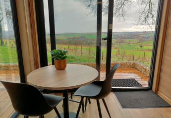 Ronde tafel met twee stoelen en een plant, uitzicht vanuit Tiny House op Gulperberg in Nederland.