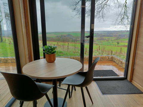 Ronde tafel met twee stoelen en een plant, uitzicht vanuit Tiny House op Gulperberg in Nederland.