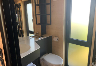 Bagno moderno nella Tiny House al Gulperberg, Paesi Bassi, con grandi finestre e pareti in legno.
