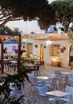 Zona exterior para comer en el parque vacacional TAIGA Conil en Andalucía, España, con luces y árboles.