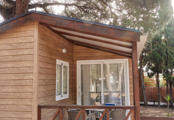 Bungalow Confort Poniente ved TAIGA Conil i Spanien, viser en hyggelig træhytte med terrasse under store træer.