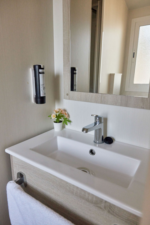 Baño moderno en Bungalow Confort Poniente de TAIGA Conil con lavabo, espejo, dispensador y maceta con flores.