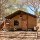Safari telt kaldet Glamping Safari Siroco Premium ved TAIGA Conil i Spanien, omgivet af fyrretræer og natur.