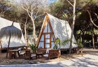 Glamping Tipi Almadraba al TAIGA Conil in Spagna, con sedute in legno all'aperto e pini circostanti.