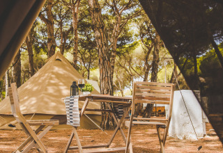 Vista desde dentro de una tienda hacia muebles y la tienda Glamping Bell Marisma en TAIGA Conil, España.