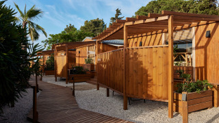 Vista exterior de cabañas de madera en Bungalow Premium Levante con terrazas, plantas y cielo azul despejado.