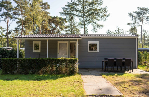 Ein komfortables Easy Chalet mit grauer Fassade, umgeben von Hecken, Garten und hohen Kiefern im Wald.