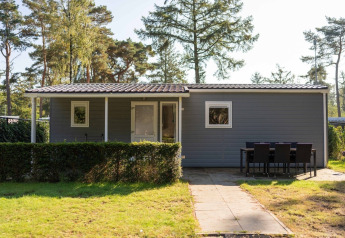 Ein komfortables Easy Chalet mit grauer Fassade, umgeben von Hecken, Garten und hohen Kiefern im Wald.