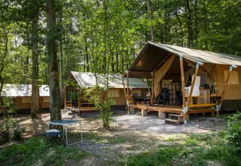 Tenda safari immersa nel bosco al Camping Le Roptai in Belgio, con veranda e arredi da esterno.