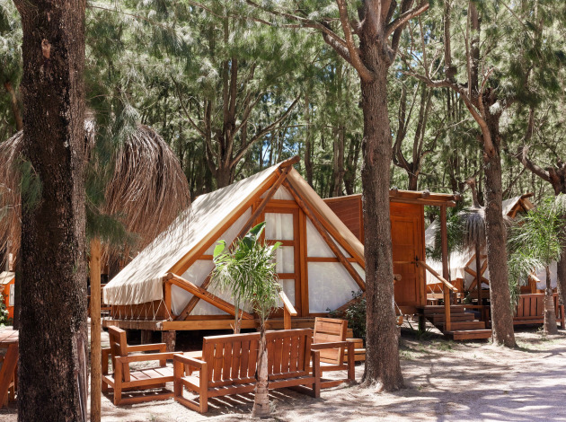 Safari-tent Tamaral bij TAIGA Tarifa in Spanje, met houten meubels en omgeven door hoge dennenbomen.