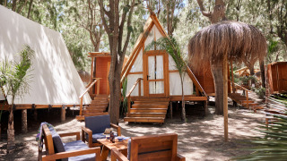 Zona de descanso al aire libre frente a la tienda safari Algaida en TAIGA Tarifa, rodeada de árboles en España.