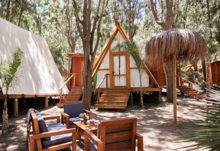 Zona de descanso al aire libre frente a la tienda safari Algaida en TAIGA Tarifa, rodeada de árboles en España.