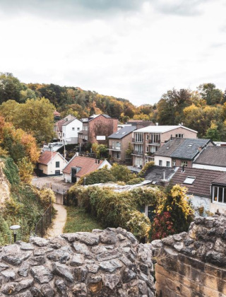 Vista pintoresca de follaje otoñal y casas acogedoras en los alrededores de Gulpen, Limburgo, Países Bajos.