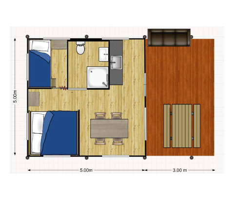 Planimetria di una tenda safari con due camere da letto, bagno, cucina e terrazza in legno.