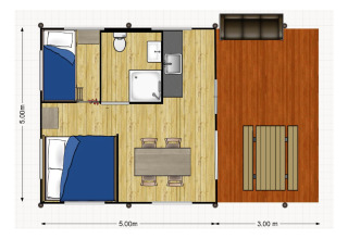 Plano de tienda safari con dos dormitorios, baño, área de cocina y terraza de madera exteriores.