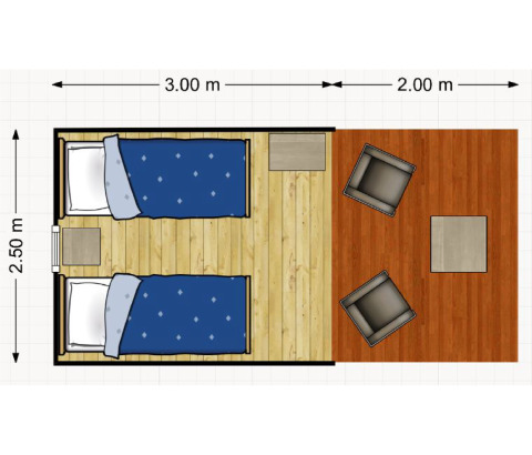 Plantegning af et safaritelt med to senge, siddeområde og detaljer om dimensioner hos Netl Camping Kallumaan.