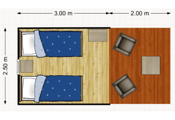 Plantegning af et safaritelt med to senge, siddeområde og detaljer om dimensioner hos Netl Camping Kallumaan.