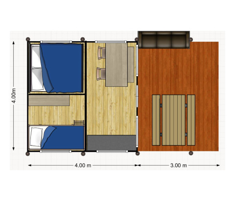Plano de una tienda safari con dos dormitorios, comedor interior y una amplia terraza exterior.