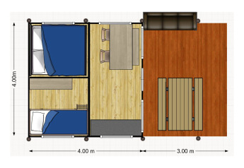 Plano de una tienda safari con dos dormitorios, comedor interior y una amplia terraza exterior.
