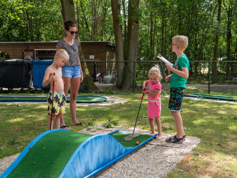 Bambini e un adulto giocano a minigolf al Recreatiepark de Wrange, parco vacanze in Gelderland, Paesi Bassi.
