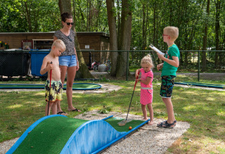 Børn og voksen spiller minigolf på en grøn bane i Rekreatiepark de Wrange i Gelderland, Holland.