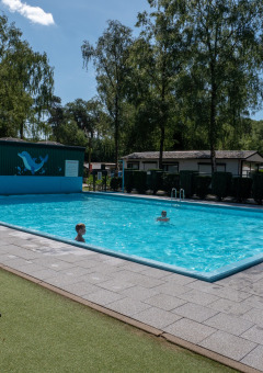 Kinder spielen im Freiluft-Schwimmbad von Recreatiepark de Wrange, Gelderland, Niederlande.