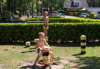 Zwei Kinder spielen auf einem Spielplatz im Sonnenlicht im Recreatiepark de Wrange, Gelderland, Niederlande.
