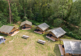 Luftfoto af safari telte med egen terrasse og bænke på græs ved skoven i Recreatiepark de Wrange, Holland.