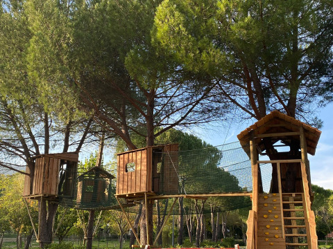 Case sugli alberi collegate da ponti di rete al Bi Village in Istria, Croazia, circondate da pini verdi.