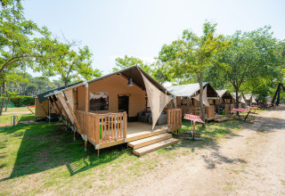 Glamping tenten met houten terras in Bi Village vakantiepark in Istrië, Kroatië, tussen de bomen.